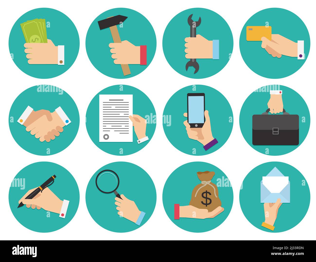 Ensemble de différentes icônes rondes de thème d'affaires avec des mains, illustration vectorielle de conception plate Illustration de Vecteur