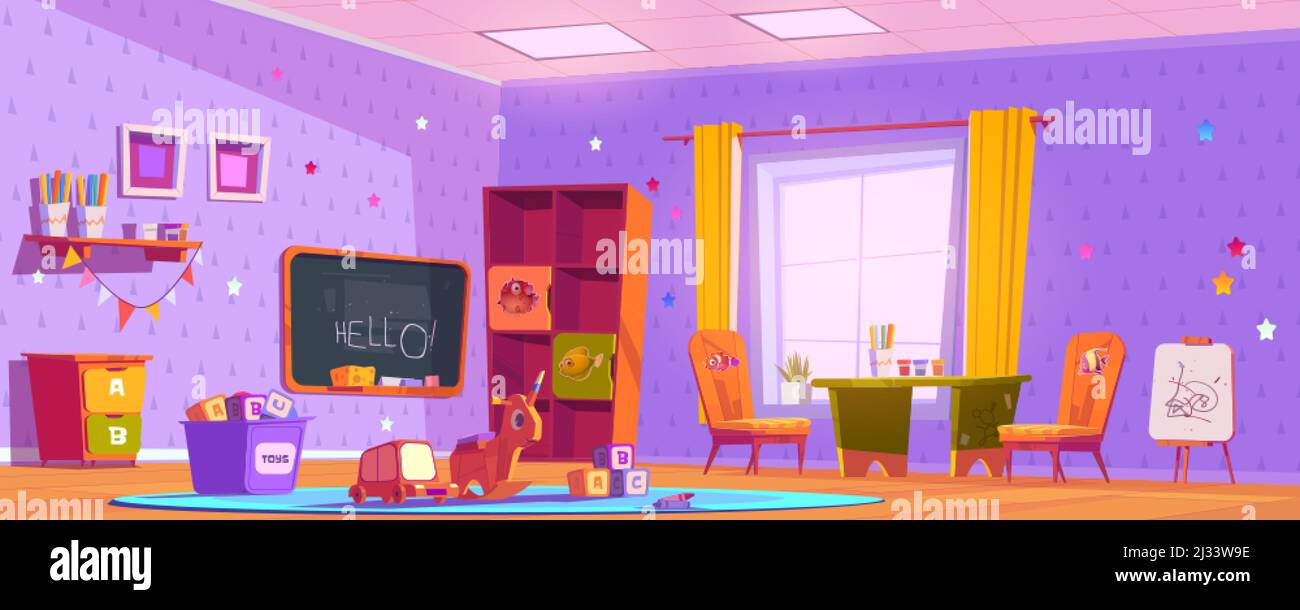 Intérieur de la salle de jeux pour enfants, vide intérieur salle de jeux pour enfants avec jouets montessori, meubles en bois, étagères et équipement pour jeux et pour étudier, bl Illustration de Vecteur