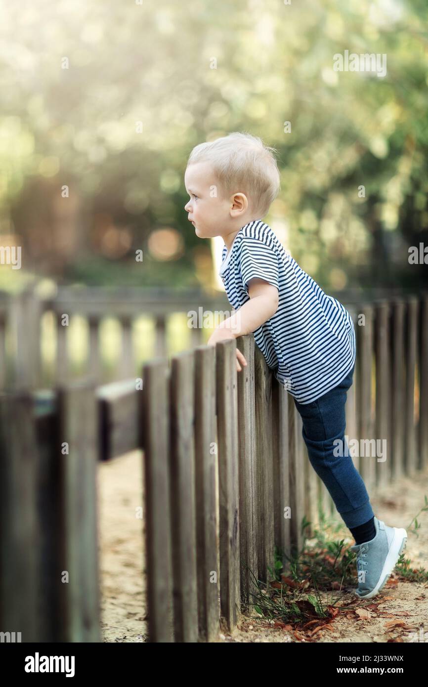 Petit garçon grimpant sur une clôture en bois dans un jardin. Enfants jouant dans la nature concept Banque D'Images