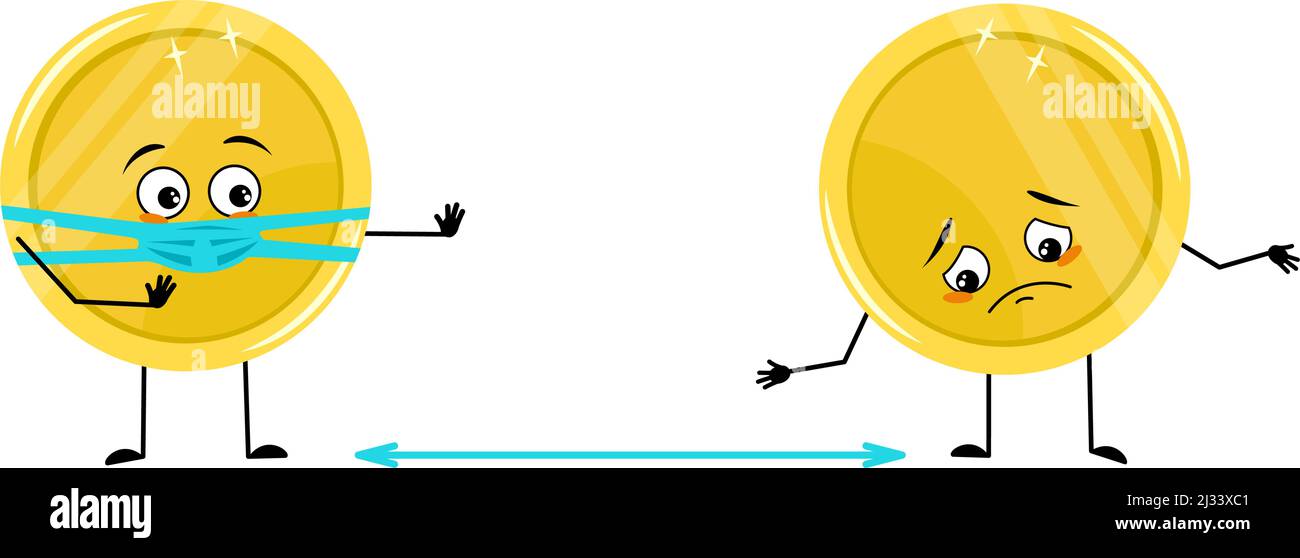 Adorable personnage de pièce d'or avec des émotions tristes, le visage et le masque gardent la distance, les bras et les jambes. Argent personne avec l'expression et la pose de soin. Illustration vectorielle plate Illustration de Vecteur