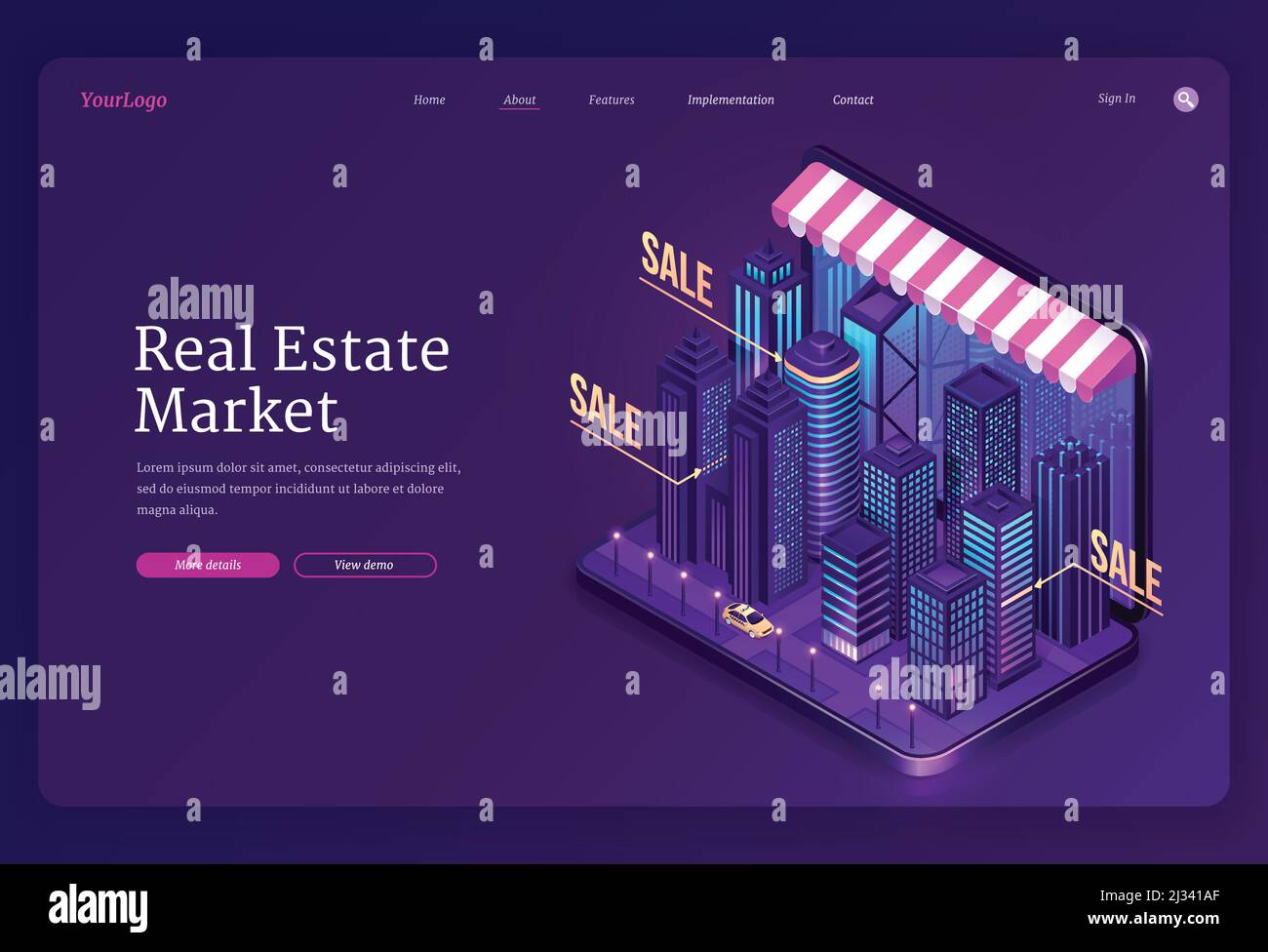 Bannière du marché immobilier. Service en ligne de recherche maison et appartements à vendre ou à louer. Page d'accueil Vector avec bâtiments de ville isométriques et skys Illustration de Vecteur