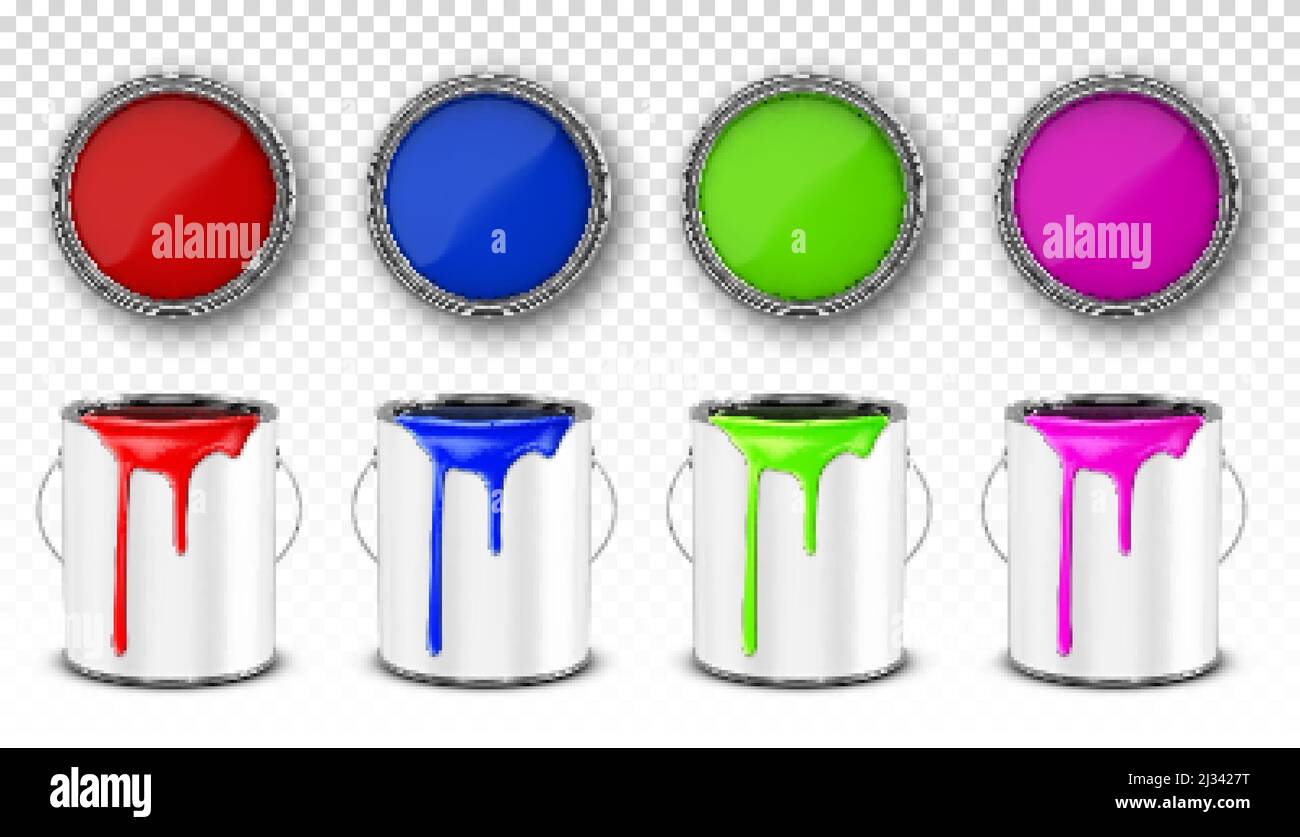 Seau en métal, boîtes en étain avec encre rouge, bleue, rose et verte dans la vue avant et sur le dessus. Vector Realistic 3D mockup de conteneurs ouverts en acier avec poignée Illustration de Vecteur