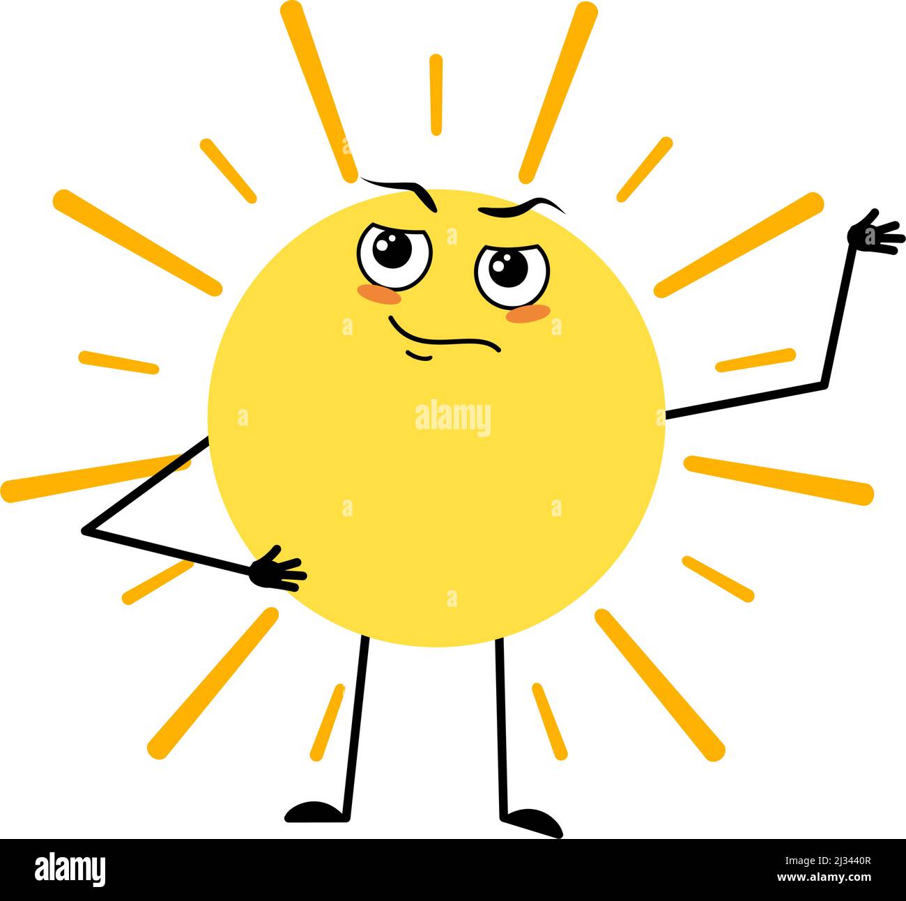 Caractère mignon de soleil avec des émotions de héros, visage brave, bras et jambe. Personne avec courage expression et pose. Illustration vectorielle plate Illustration de Vecteur