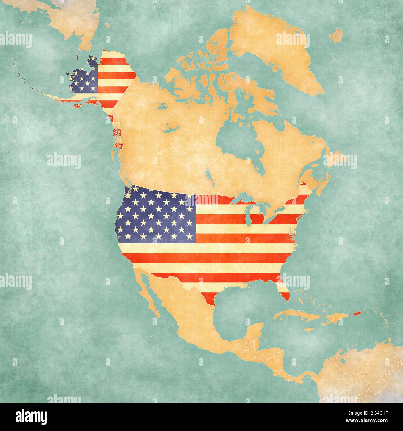 USA (drapeau américain) sur la carte de l'Amérique du Nord. La carte est dans un style vintage d'été et d'humeur ensoleillée. La carte est douce grunge et vintage. Banque D'Images