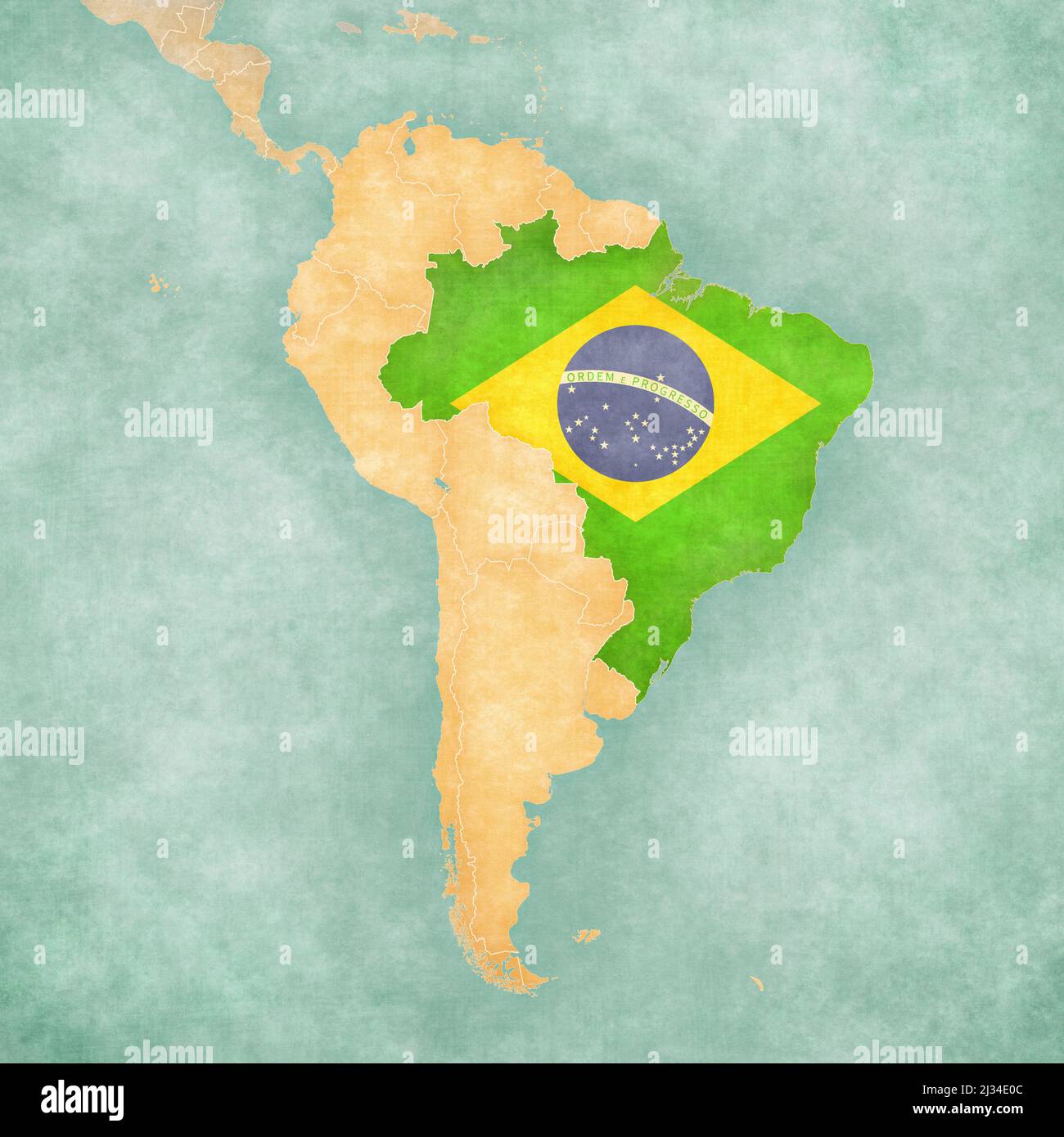 Brésil (drapeau brésilien) sur la carte de l'Amérique du Sud. La carte est dans un style vintage d'été et d'humeur ensoleillée. La carte a une atmosphère douce grunge vintage. Banque D'Images