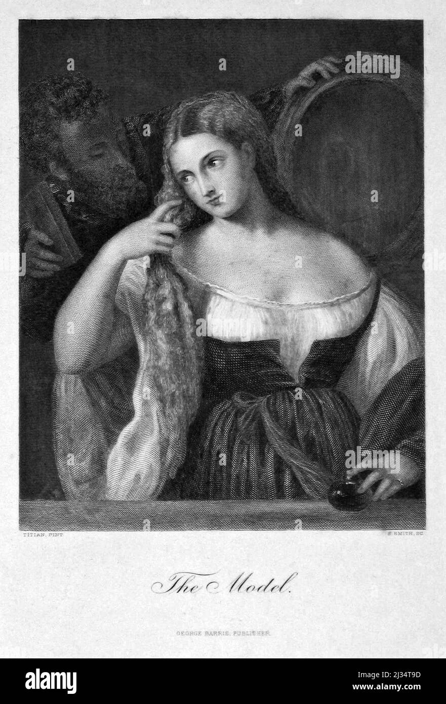 Gravure intitulée 'le modèle' d'après une peinture de Titien c, 1500, gravée par Samuel Smith c. 1846, pour la collection George Barrie : la Galerie internationale. Banque D'Images