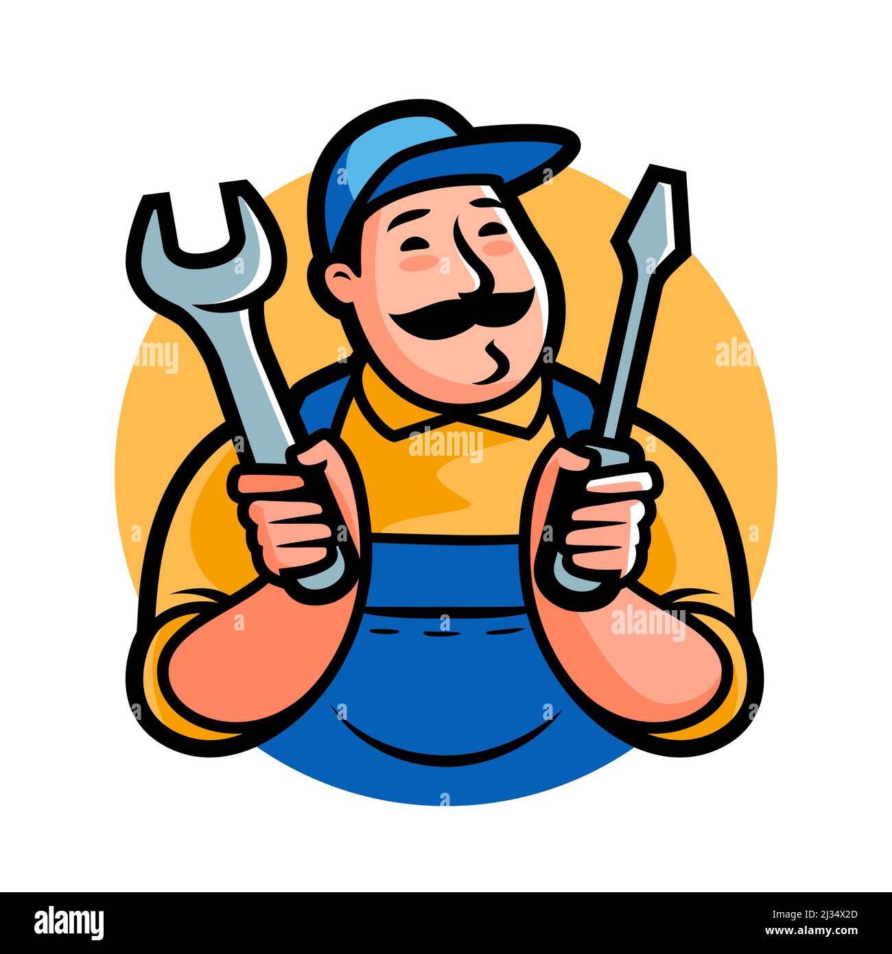 Ouvrier de réparation avec logo d'outils. Emblème d'atelier de mécanicien. Illustration vectorielle Illustration de Vecteur