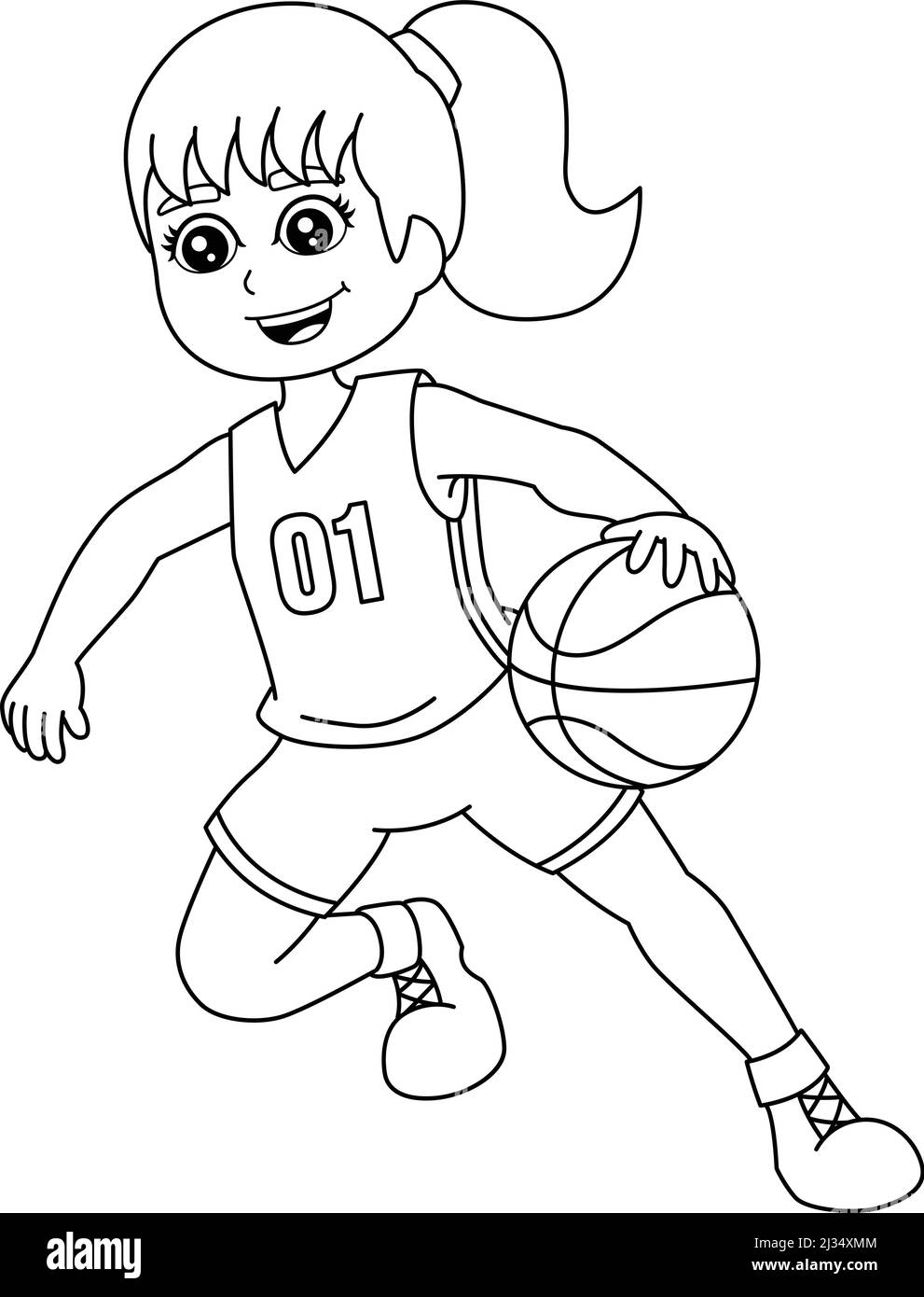 Fille jouant Basketball coloriage page isolé Illustration de Vecteur