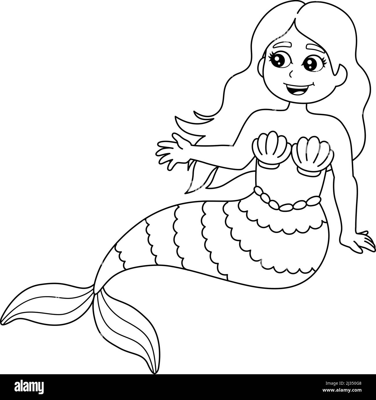 Mermaid assis dans Une page de coloriage de coquille isolée Illustration de Vecteur