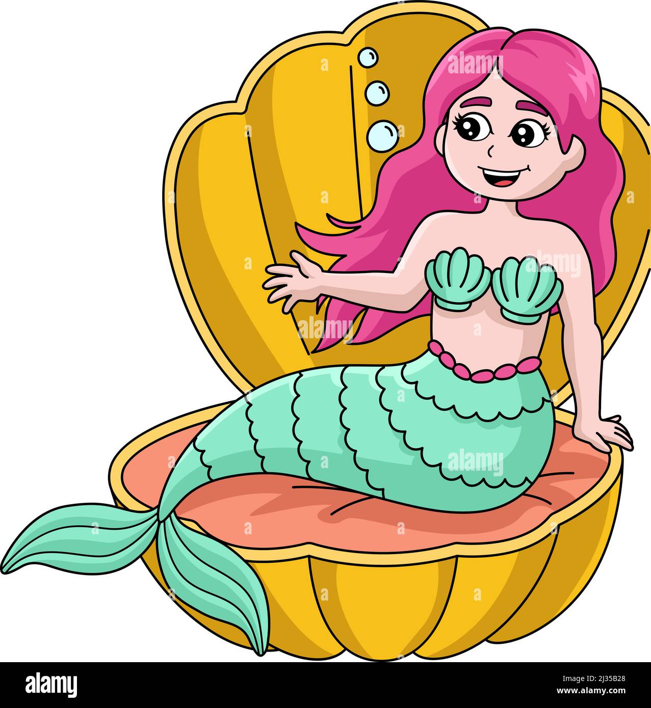 Mermaid assis dans Un dessin animé de couleur Shell Clipart Illustration de Vecteur