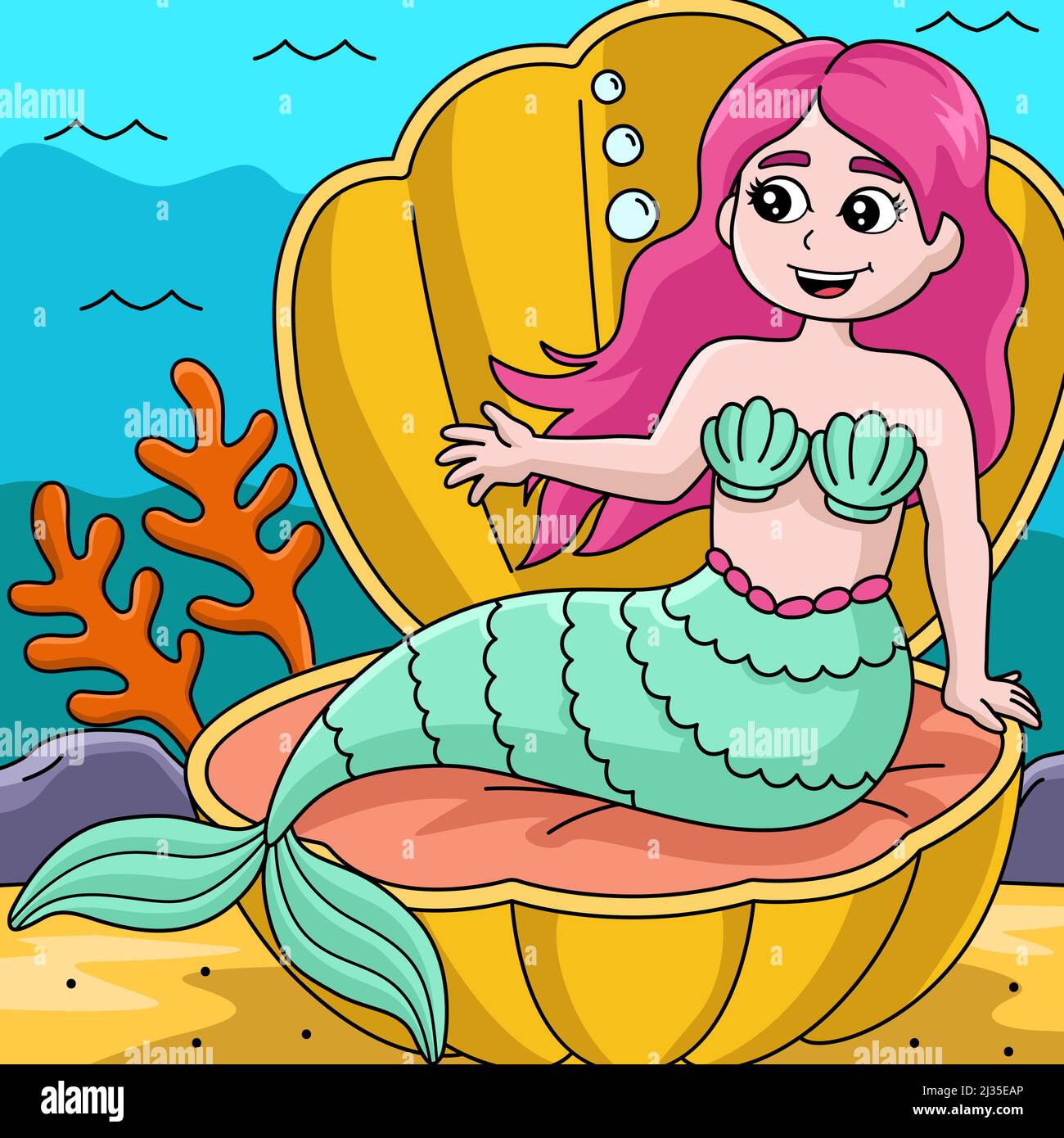 Sirène assise dans Un dessin animé de couleur coquille Illustration de Vecteur