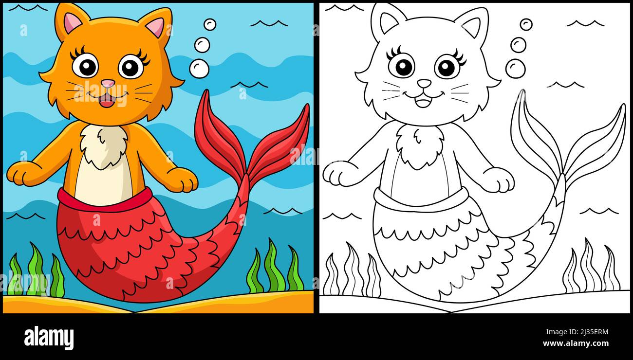 Illustration colorée de la page de coloration de la sirène de chat Illustration de Vecteur