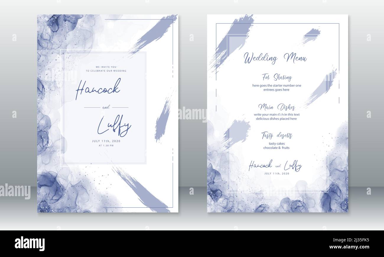 Modèle de carte d'invitation de mariage fond bleu avec texture aquarelle Illustration de Vecteur