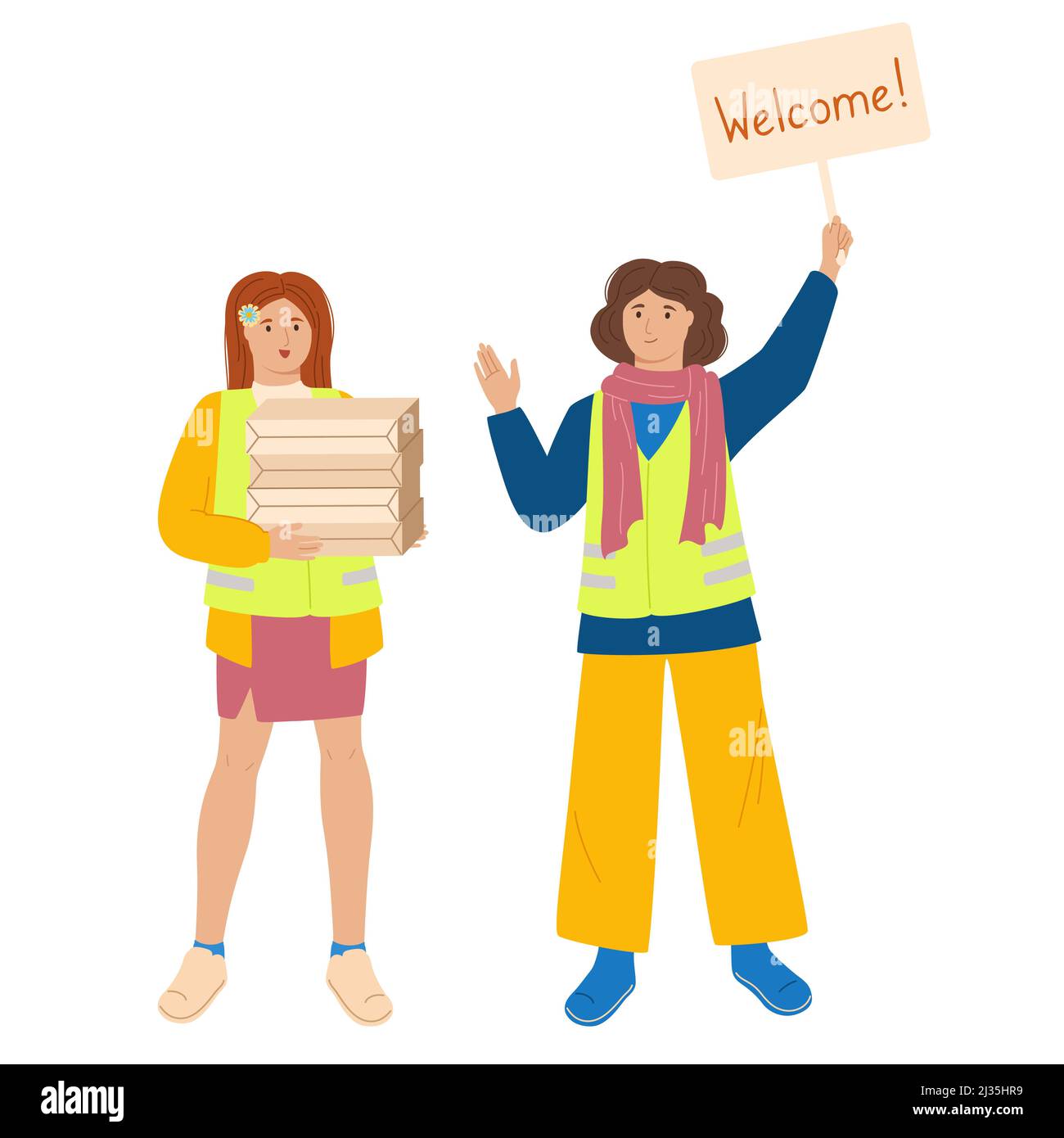 Bénévoles avec des dons, bienvenue à la nuit, concept de bénévolat. Les gens de charité étudiants, l'activité altruiste. Aider les réfugiés pauvres pour l'Ukraine. Philanthropie, dessin de la bonté vecteur de dessin animé Illustration de Vecteur