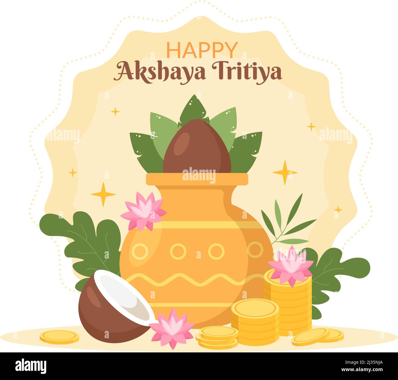 Akshaya Tritiya Festival avec un Kalash d'or, pot et pièces d'or pour Dhanteras Celebration on Indian in decorated Background Template Illustration Illustration de Vecteur