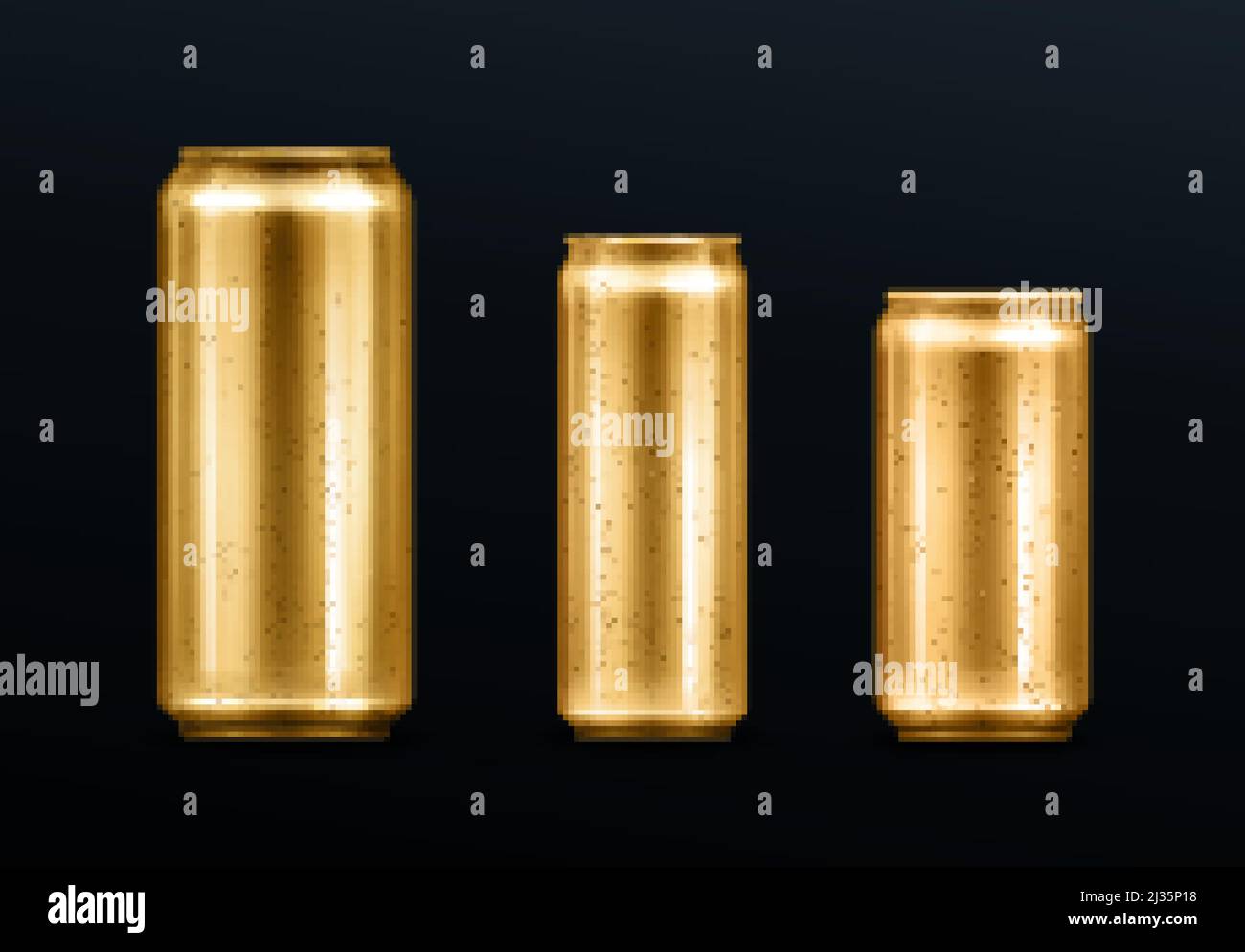 Canettes métalliques avec gouttes d'eau, contenant de couleur or pour boisson gazeuse ou énergétique, limonade ou bière. Maquette vide dorée isolée avec condensation froide FO Illustration de Vecteur