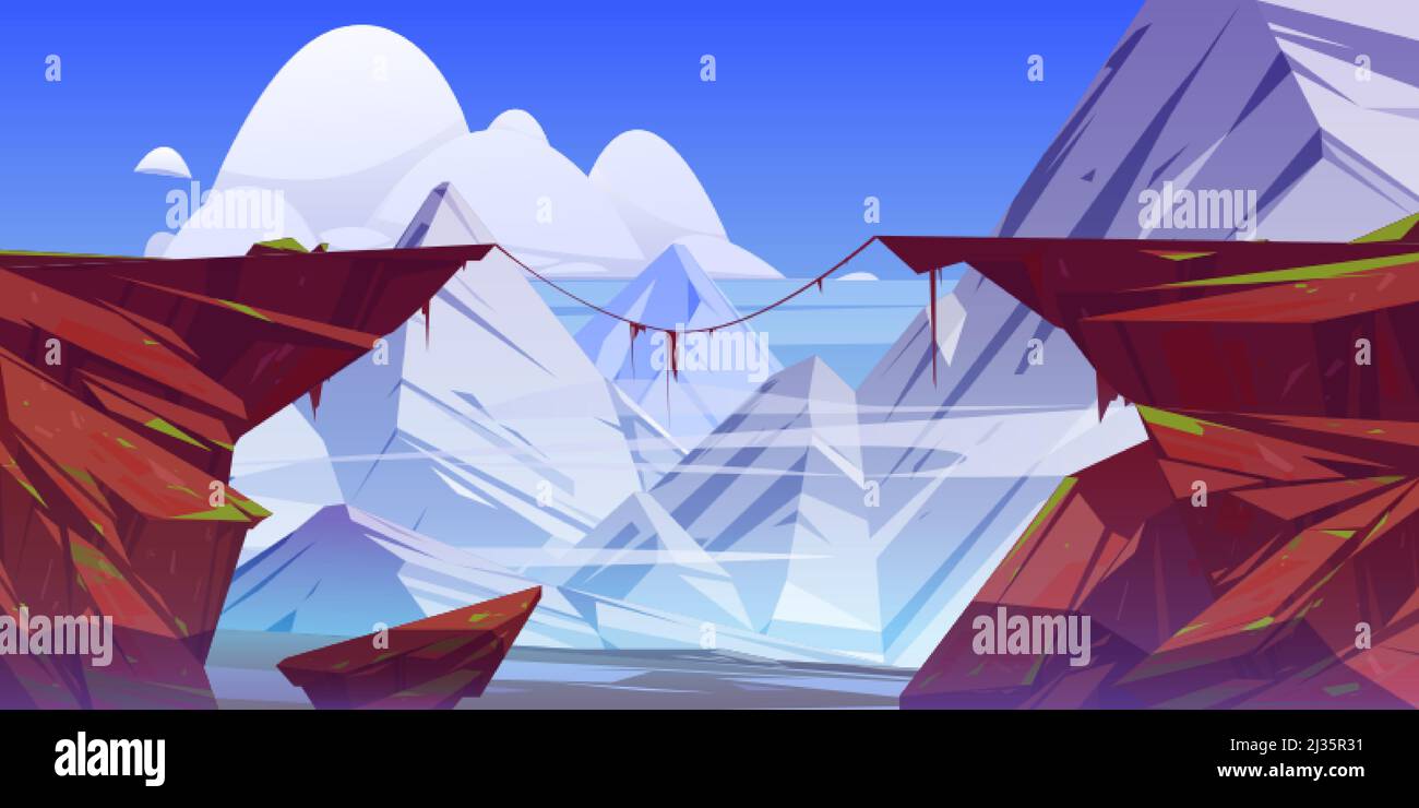 Paysage de montagne avec un précipice dans les rochers et des pics de neige en arrière-plan. Illustration vectorielle de l'abîme entre les falaises. Fissure rocheuse dangereuse, c Illustration de Vecteur
