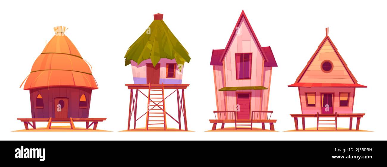 Maisons d'été à pilotis, bungalows sur la plage isolée sur fond blanc. Ensemble de dessins animés vectoriels de villas d'époque pour les vacances et la station sur l'île exotique Illustration de Vecteur