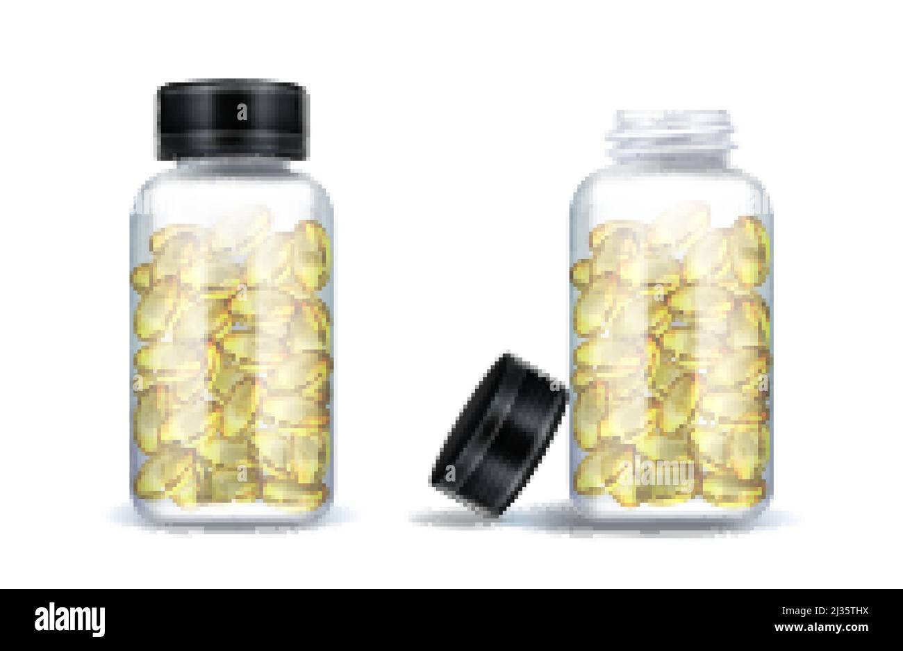 Flacons pour médicaments avec capsules jaunes claires isolées sur fond blanc. Maquette vectorielle réaliste de verre ou de plastique transparent contenant ouvert Illustration de Vecteur