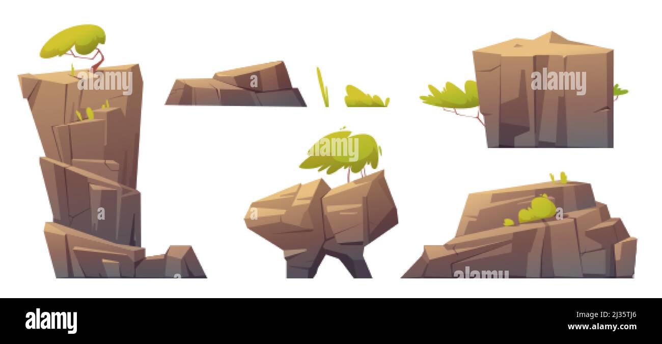 Rochers de montagne, île ou pierres avec arbres et plantes verts, éléments naturels, texture des matériaux géologiques ou formation de jeu pc isolé sur la ba blanche Illustration de Vecteur