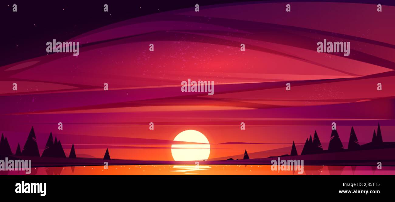 Coucher de soleil sur le lac, ciel rouge avec le soleil descendant l'étang entouré d'arbres. Belle nature paysage paysage paysage, le soir vue sur le ciel avec shi Illustration de Vecteur