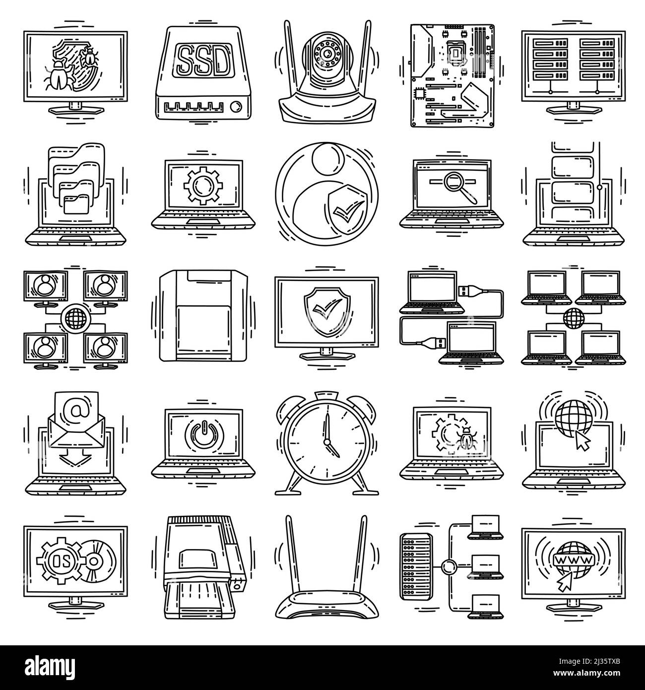 Logiciel informatique et matériel dessin main icône vecteur. Illustration de Vecteur