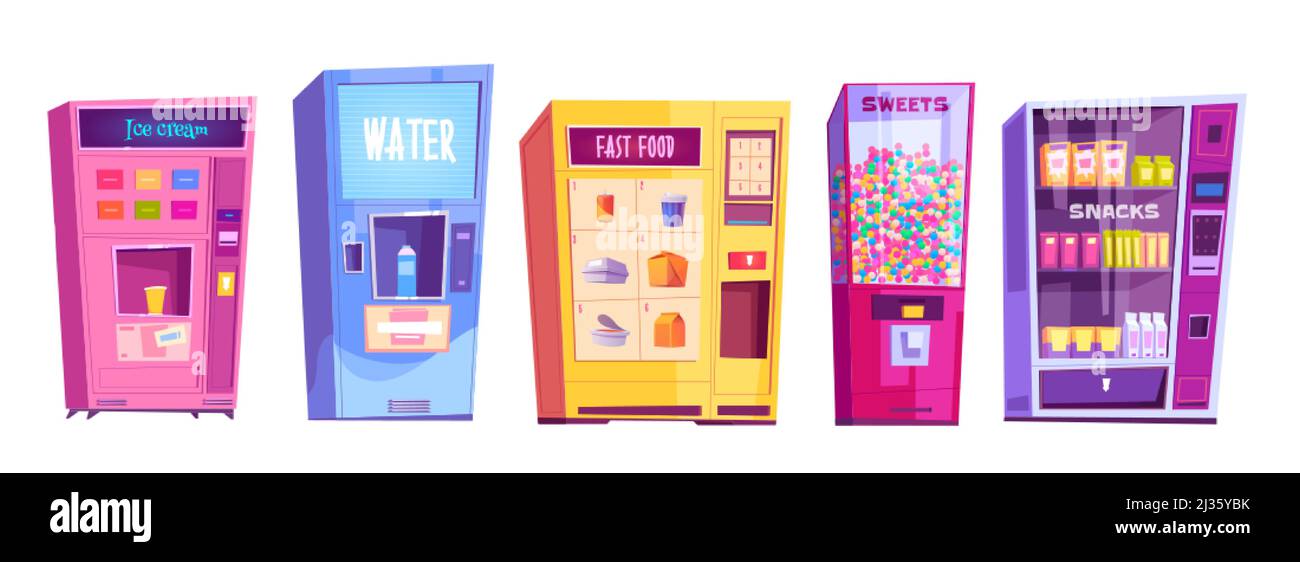 Distributeurs automatiques avec en-cas, restauration rapide, eau, crème glacée et bonbons. Ensemble de dessins animés vectoriels de distributeurs automatiques pour la vente de nourriture, bonbons et boissons Illustration de Vecteur