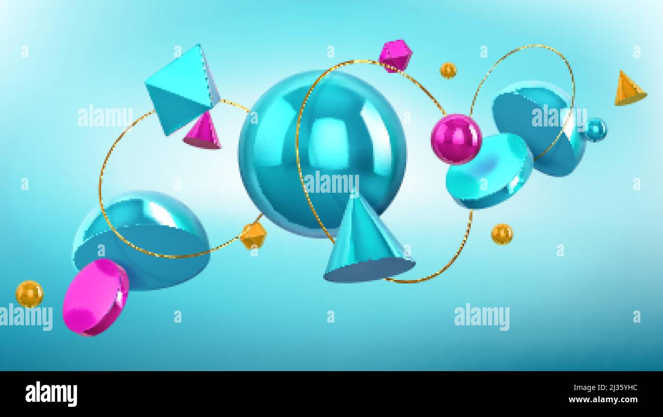 Arrière-plan holographique avec formes géométriques 3d, sphères et anneaux dorés. Motif vectoriel abstrait avec des figures turquoise et bleu rendu, cône, balle, Illustration de Vecteur