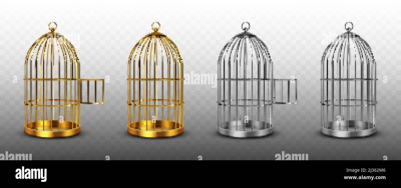 Cages à oiseaux, cages à oiseaux vides vintage de couleurs or et argent, seaux en métal avec portes ouvertes et fermées isolées sur fond transparent. Acier et Illustration de Vecteur