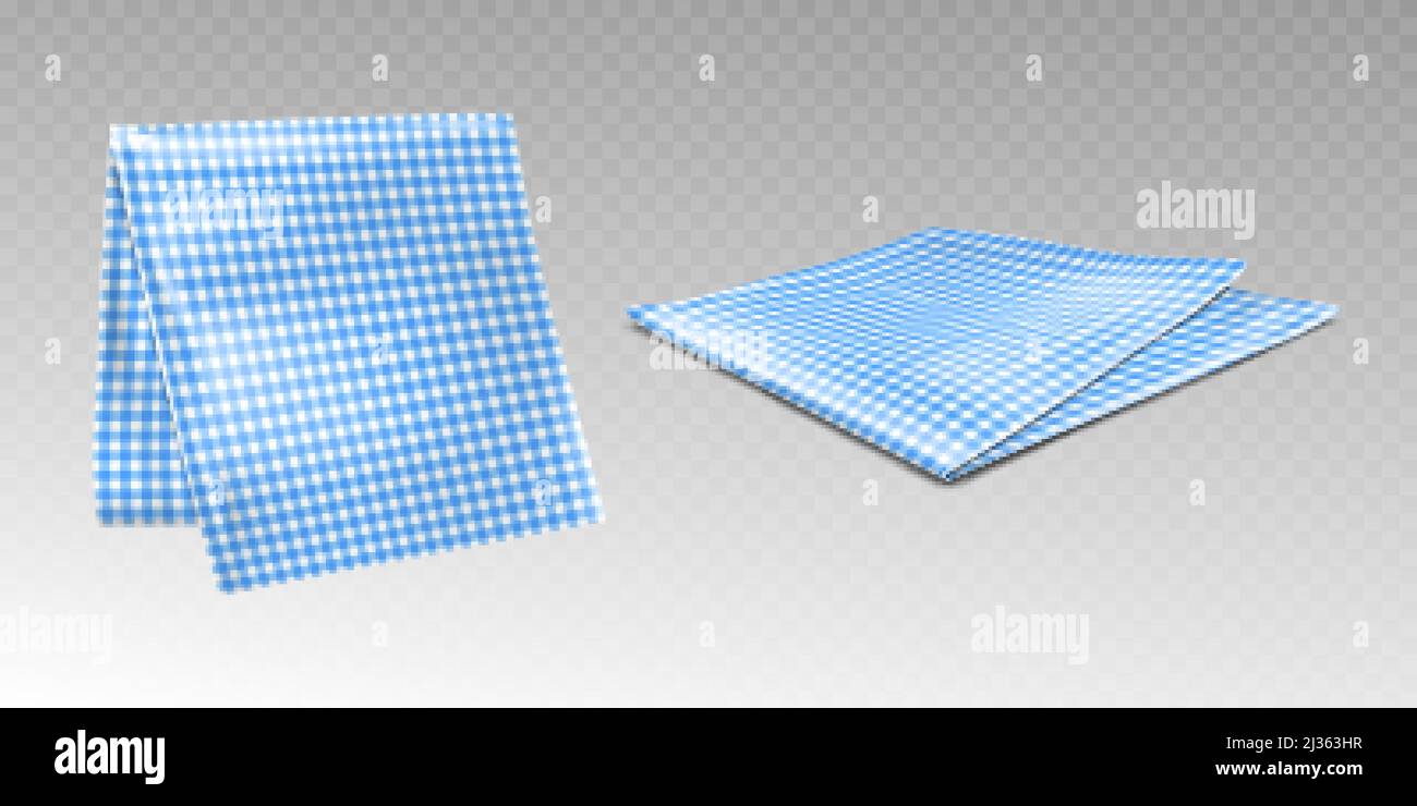 Serviette de cuisine ou nappe à carreaux avec imprimé bleu et blanc. Serviette de pique-nique suspendue et posée, linge de coton Vichy ou tissu écossais isolé sur le transpare Illustration de Vecteur
