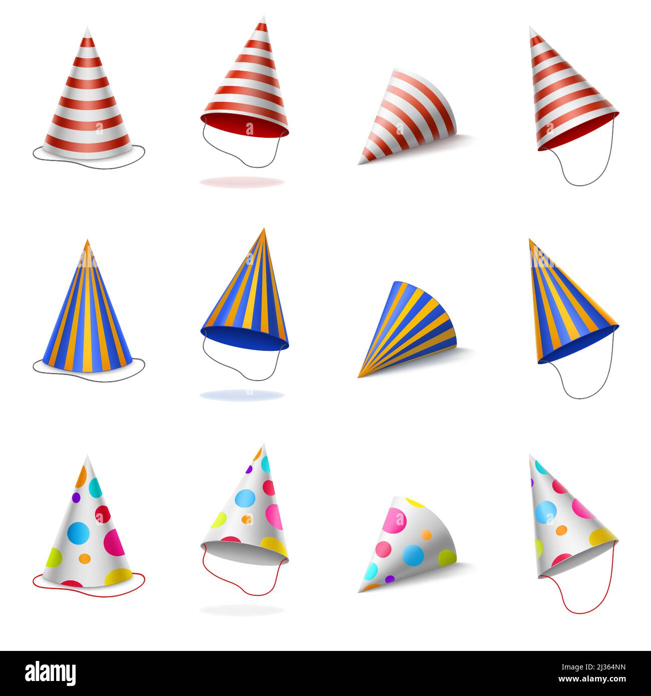 Chapeaux de fête, casquettes colorées d'anniversaire avec rayures et motif à pois, cônes en carton pour fête d'anniversaire ou de fête d'anniversaire isolés sur fond blanc, Illustration de Vecteur