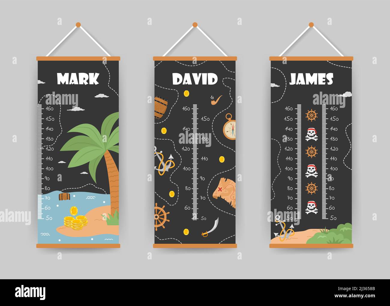 Collection de tableaux de hauteur pour enfants. Mur de mètres avec crâne de pirate, Trésor et carte. Illustration vectorielle en style de dessin animé Doodle. Graphique de croissance puérile Illustration de Vecteur