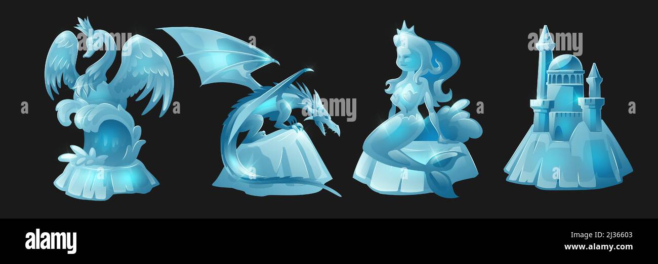 Sculptures de glace, statues glacées de la reine de cygne dans la couronne, personnages de fantaisie dragon et sirène, personnages médiévaux de cristal de château isolés sur la bande de ba noire Illustration de Vecteur