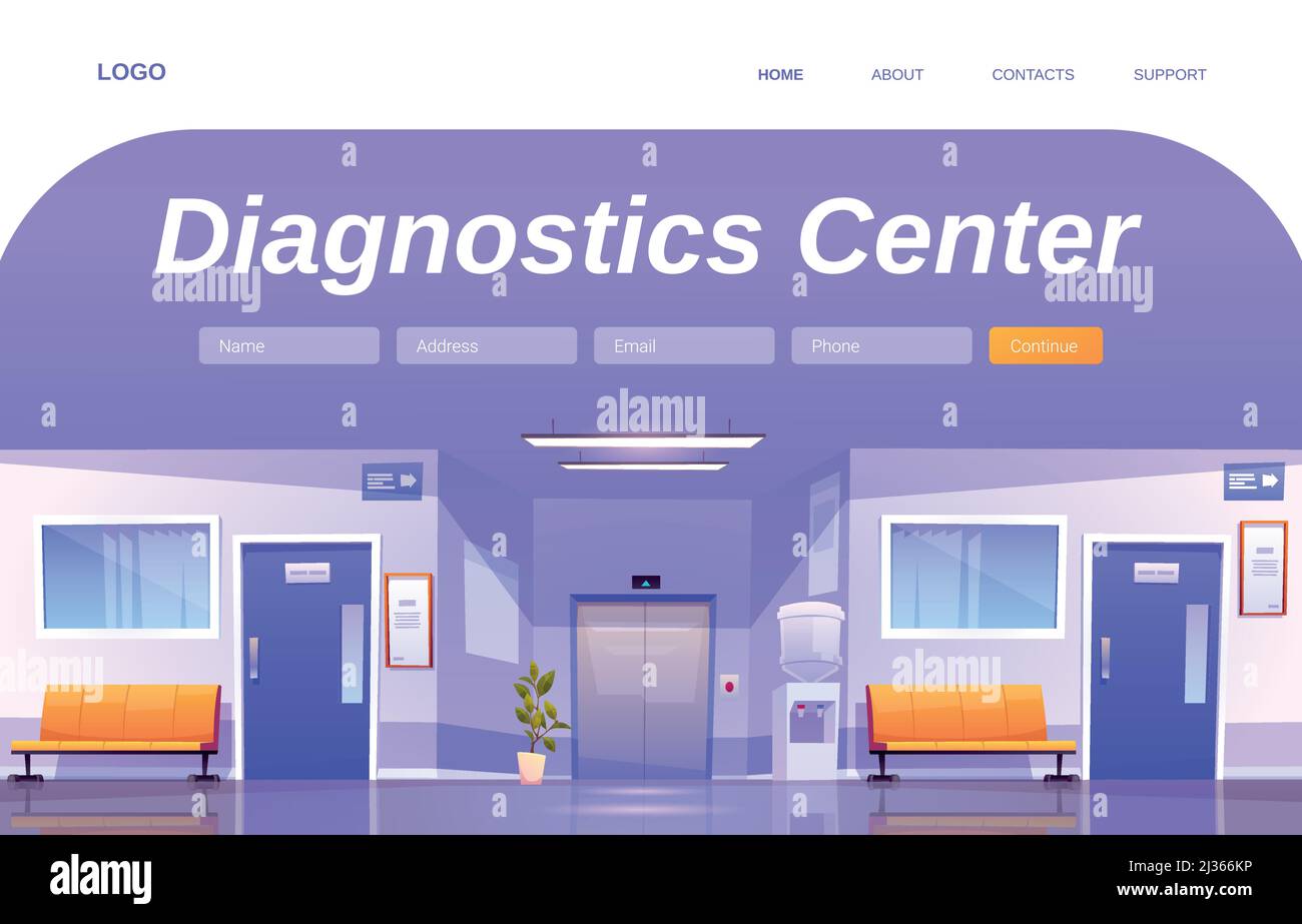 Page d'accueil du dessin animé du centre de diagnostics. Couloir intérieur de l'hôpital, couloir vide de la clinique médicale avec chaises, portes aux services, refroidisseur d'eau et ele Illustration de Vecteur