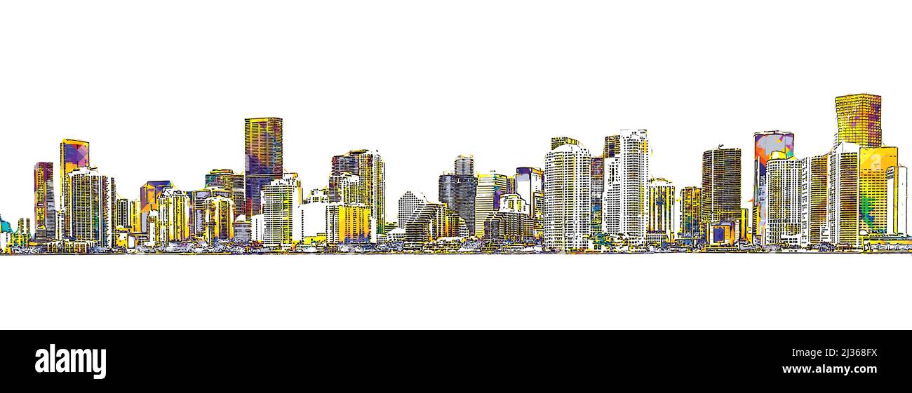 Dessin pop art de la ligne d'horizon du centre-ville de Miami sur fond blanc Banque D'Images