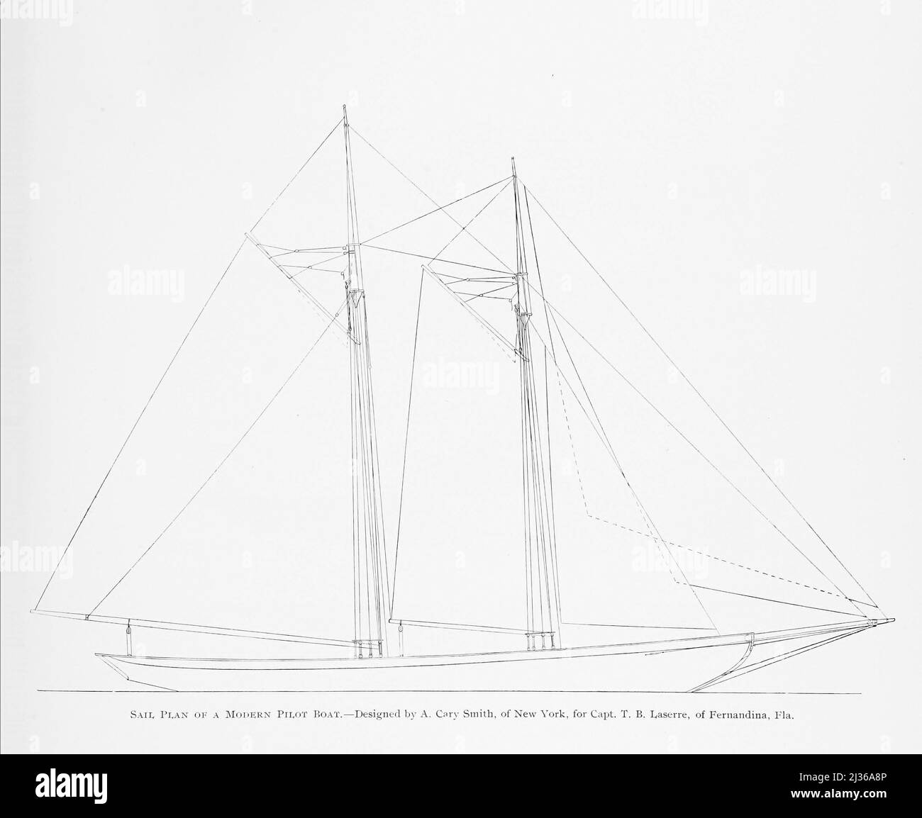 Plan de voile d'un bateau pilote moderne. Conçu par A. Cary Smith, de New York, pour le capitaine T. B. Laserre, de Fernandina, FL du livre ' bateaux à vapeur et moteurs marins ' de G. Foster Howell, éditeur New York : American Shipbuilder 1896 Banque D'Images