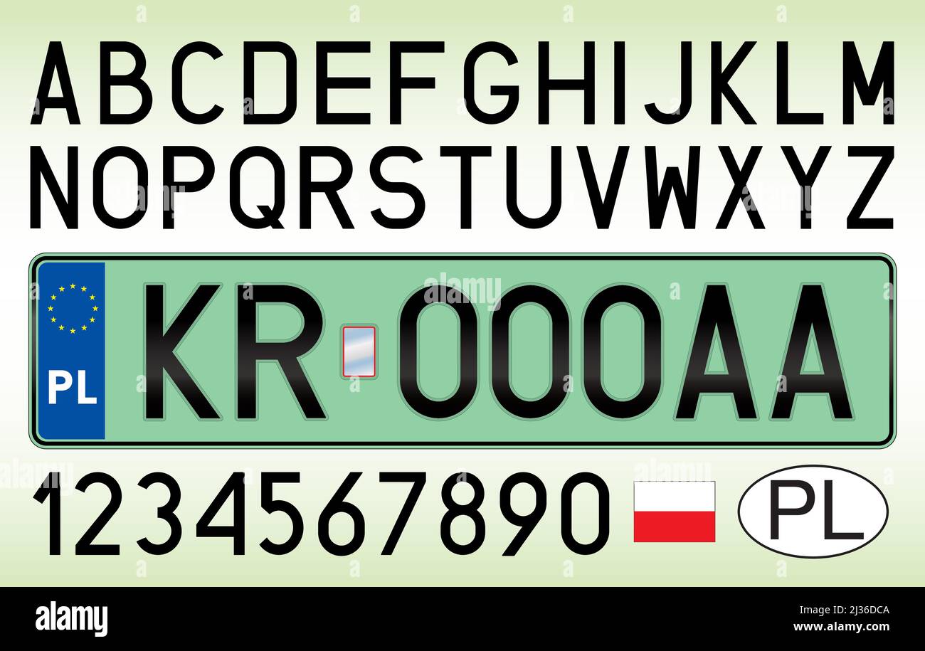 Plaque d'immatriculation pour voitures vertes électriques, lettres, chiffres et symboles, illustration vectorielle Illustration de Vecteur