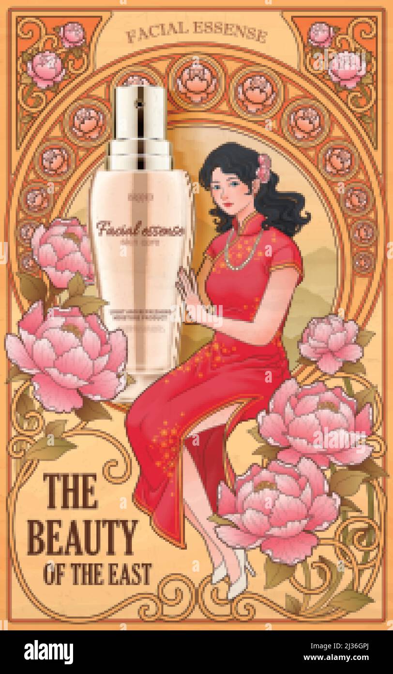 Publicité produit de soin pour la peau de style Mucha. Illustration de 3D bouteille d'essence faciale avec déesse asiatique dans un nouveau style d'art décoratif Illustration de Vecteur