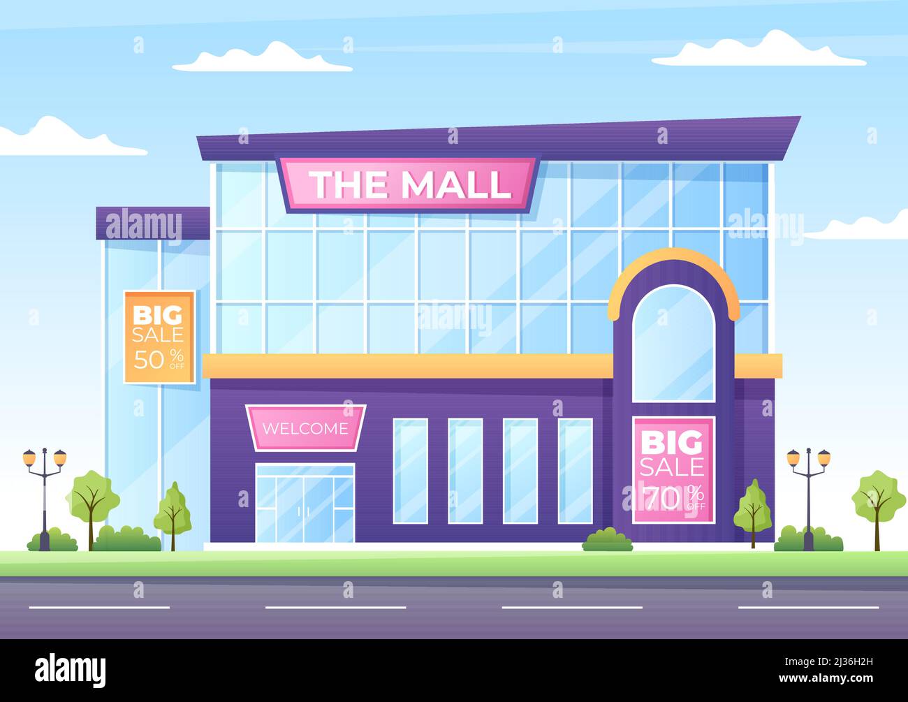 Illustration de l'arrière-plan du bâtiment du centre commercial moderne avec extérieur et divers magasins à l'intérieur dans un design de style plat Illustration de Vecteur