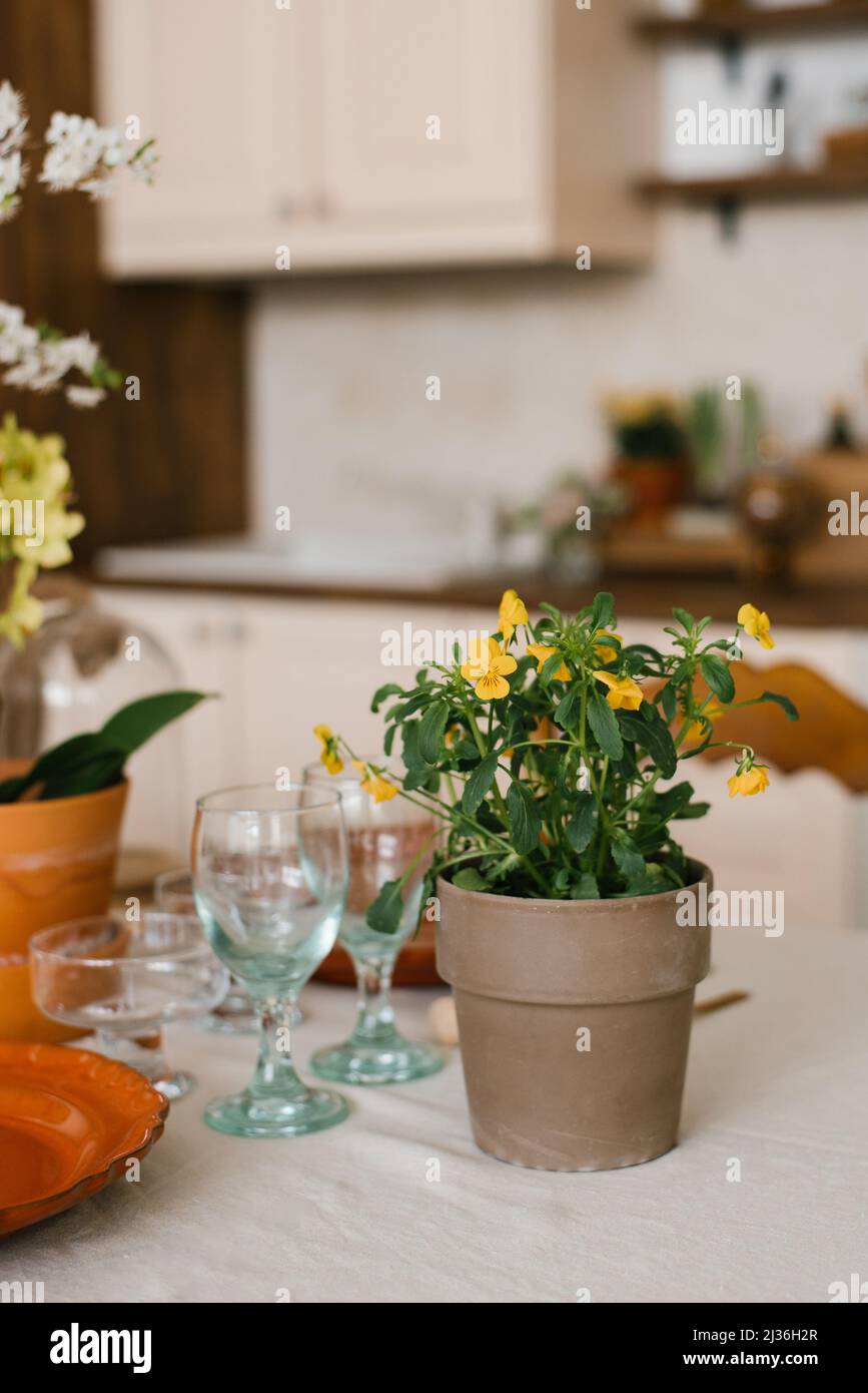 Décoration de cuisine de style scandinave avec fleurs jaunes dans un pot en céramique Banque D'Images