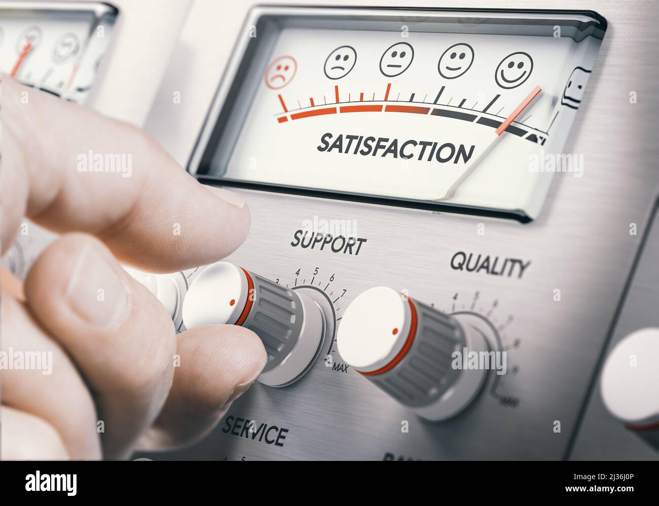 Tournez manuellement un bouton rotatif pour augmenter la satisfaction du service client. Image composite entre une photographie de main et un arrière-plan de 3D. Banque D'Images