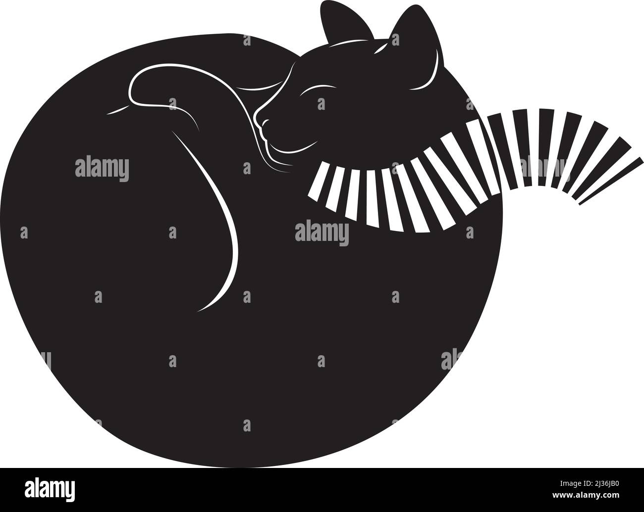 Joli chat heureux dans un foulard enroulé. Adorable chaton reposant dans une posture détendue. Doux et paresseux, allongé sur le dos. Illustration vectorielle plate. Dessin noir Illustration de Vecteur