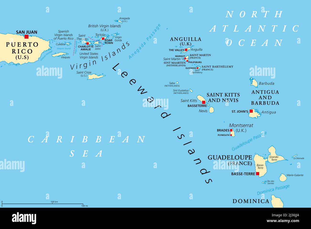 Îles Leeward, carte politique. Partie des Petites Antilles, au nord des îles du vent dans les Caraïbes. Des îles Vierges à la Guadeloupe. Banque D'Images