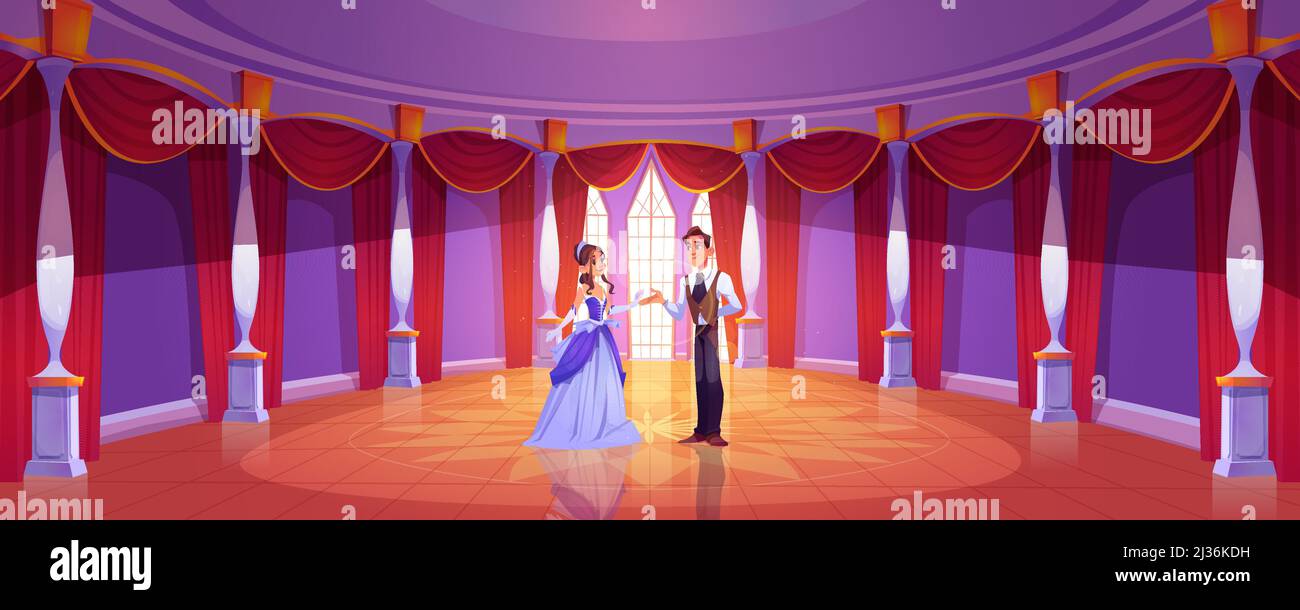 Prince et princesse dans la salle de bal du château royal. Fond de dessin animé vectoriel avec couple dans la salle de danse ronde dans le palais baroque avec colonnes, grandes fenêtres a Illustration de Vecteur
