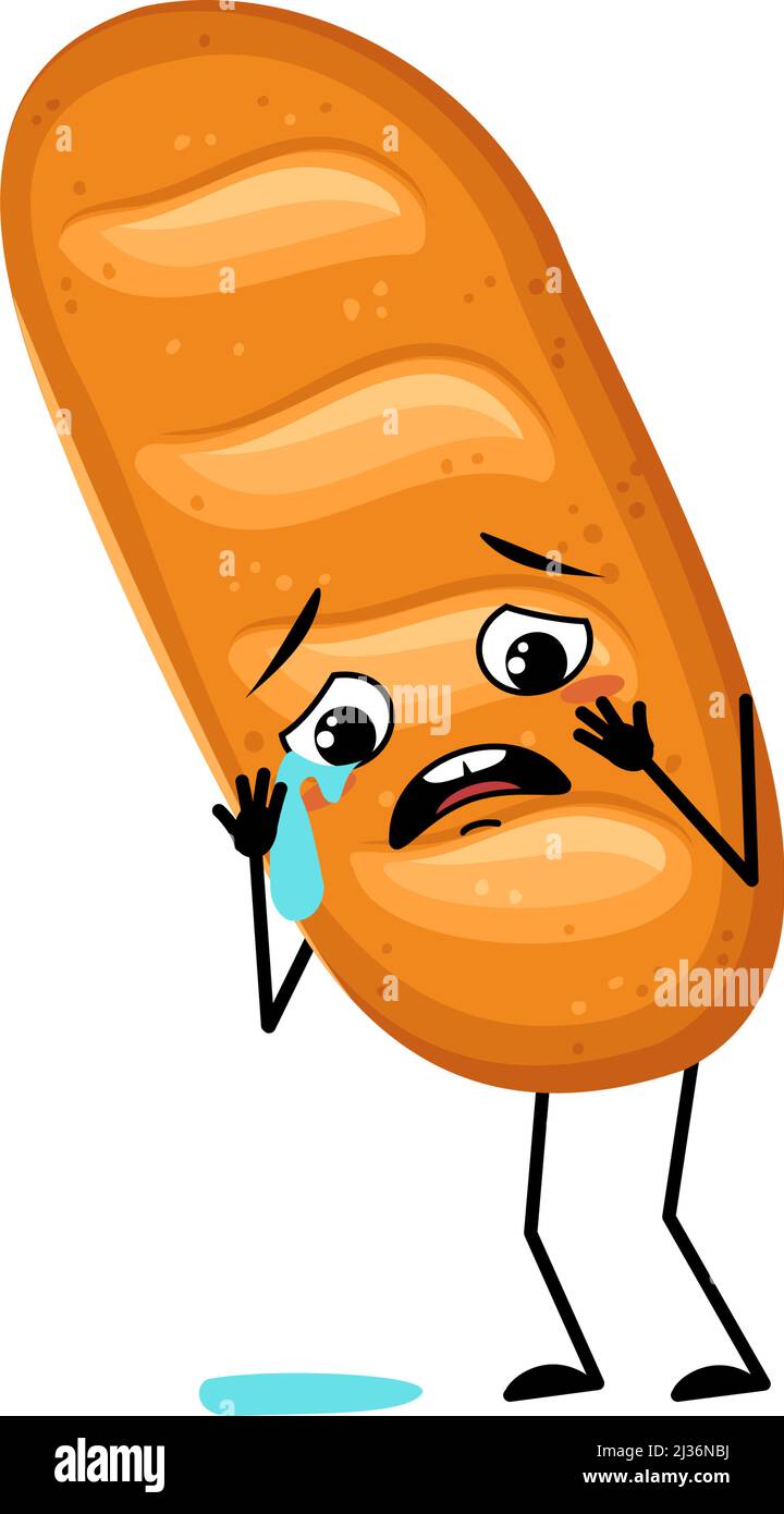 Mignonne de pain caractère avec pleurs et larmes émotion, visage triste, yeux dépressifs, bras et jambes. Pâtisserie, pâtisserie maison avec expression mélancolique. Illustration vectorielle Illustration de Vecteur