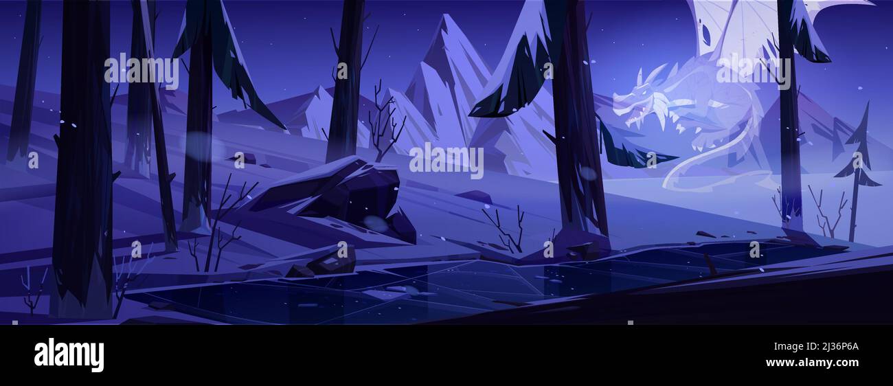 Fantôme de dragon dans la nuit forêt d'hiver avec étang. Monstre effrayant avec corps transparent volent parmi les arbres et les sommets de montagne. Personnage de conte de fées effrayant, pc Illustration de Vecteur