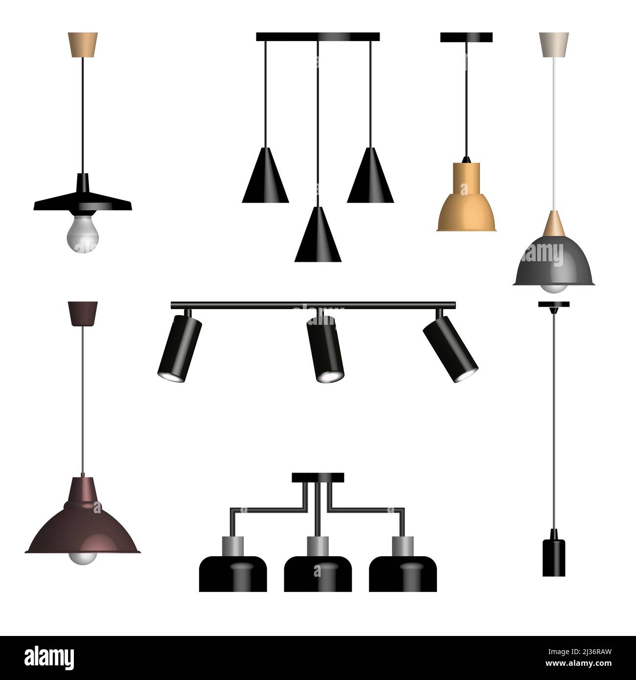Ensemble de lampes et de luminaires isolés sur fond blanc. Vue avant, illustration vectorielle 3D. Illustration de Vecteur