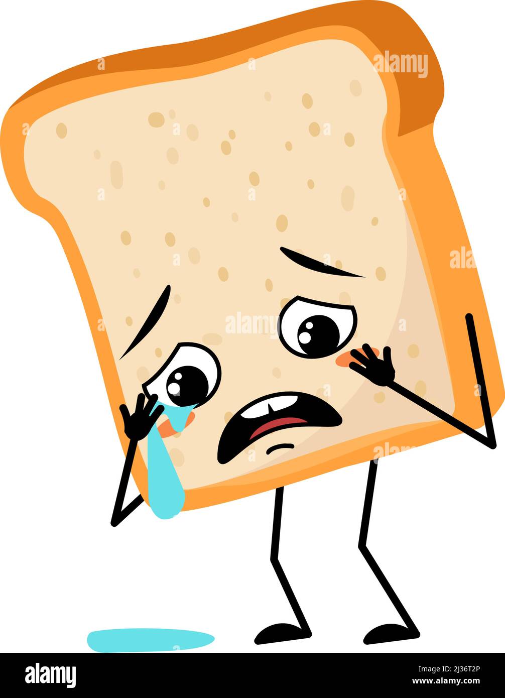 Mignon pain caractère avec pleurs et larmes émotion, visage triste, yeux dépressifs, bras et jambes. Pâtisserie, pâtisserie maison avec expression mélancolique. Illustration vectorielle Illustration de Vecteur