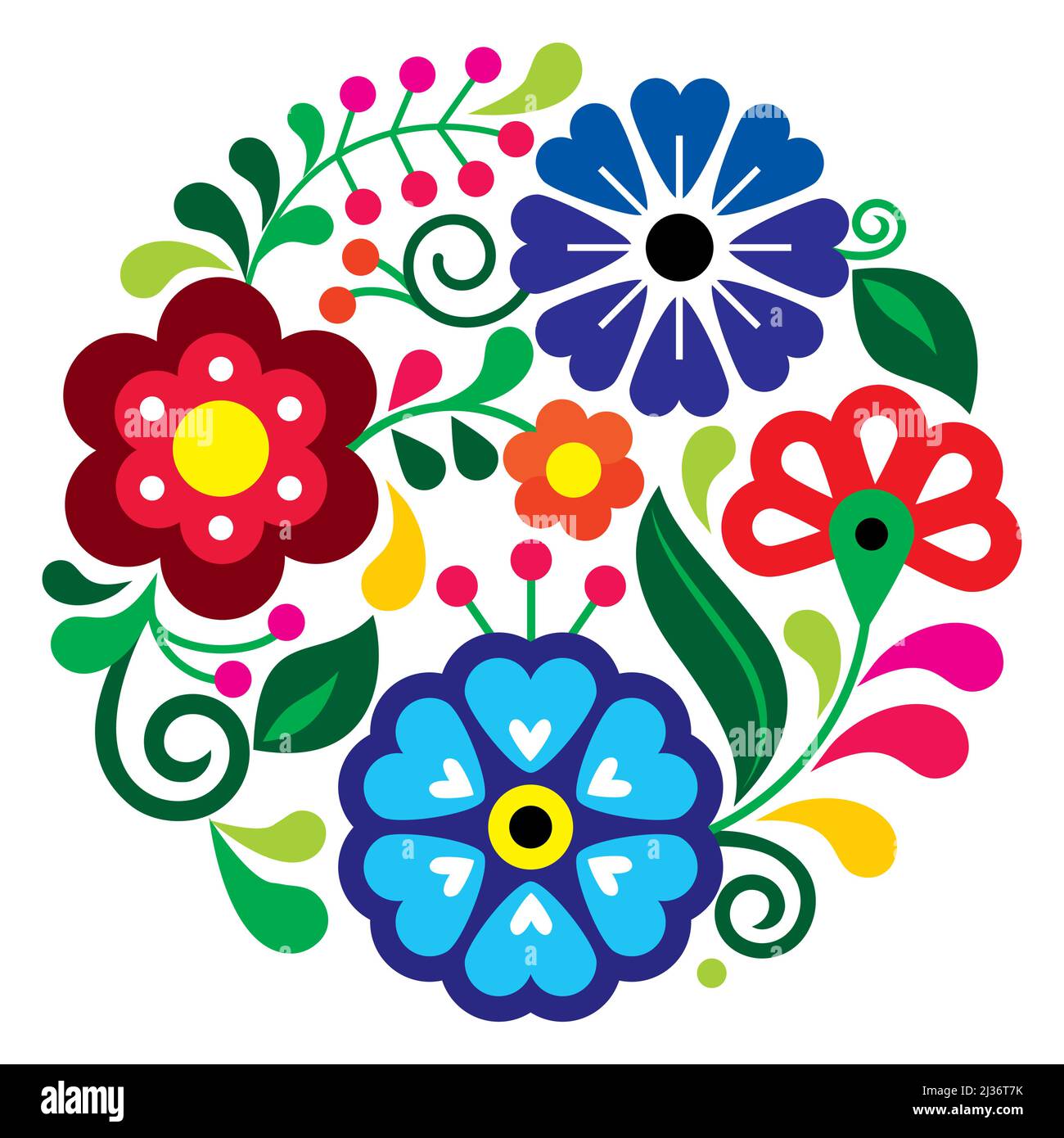 Patter floral mandala de style folklorique mexicain, composition nature en cercle inspirée des motifs de broderie traditionnels du Mexique Illustration de Vecteur