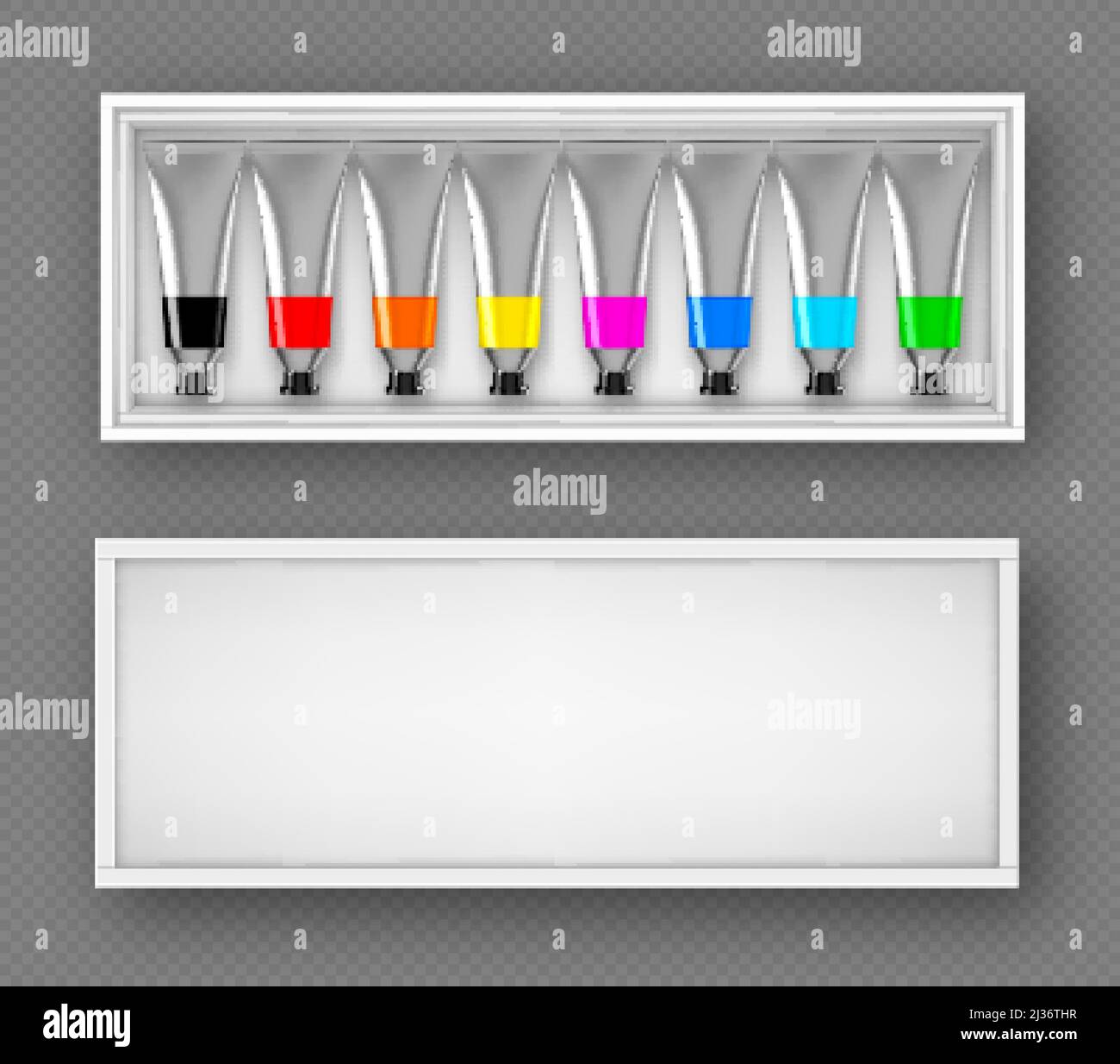 Jeu de tubes de peinture en vue de dessus de boîte, palette colorée avec huile ou colorant acrylique dans des flacons en aluminium métallique avec bouchons à vis noirs isolés sur transparent Illustration de Vecteur